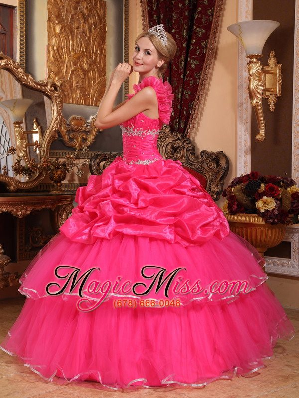 wholesale hot pink ball gown one shoulder floor-length organza beading and pick-ups quinceanera dress