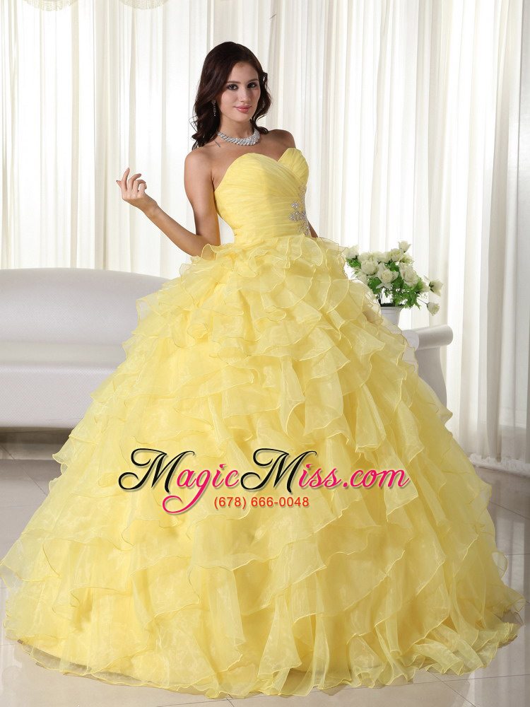 wholesale yellow ball gown sweetheart neck floor-length organza appliques quinceanera dress
