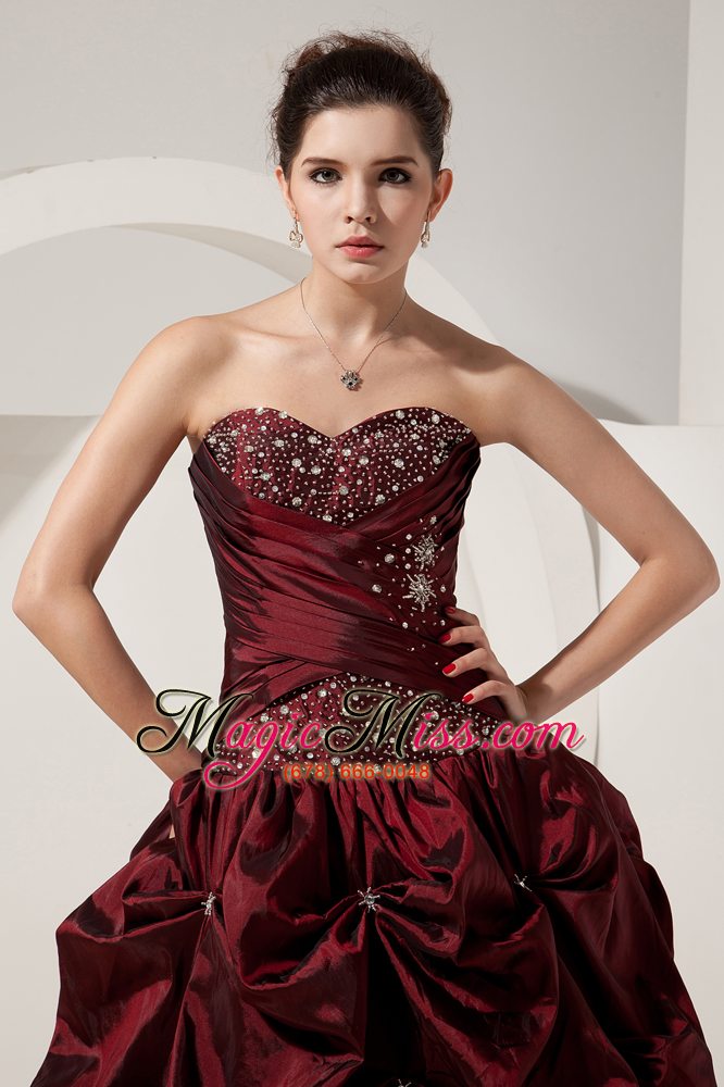 wholesale burgundy a-line / princess sweetheart floor-length taffeta beading prom dress