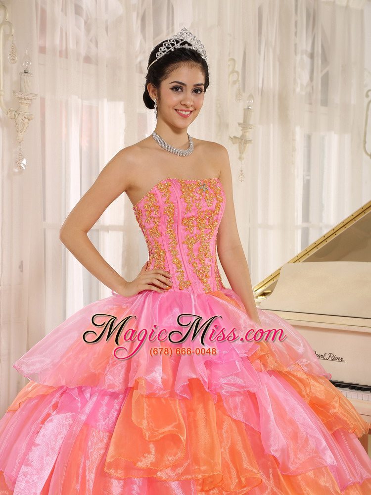 wholesale ruflfled layers and appliques decorate up bodice for rose pink and orange quinceanera dress customize aiea city hawaii