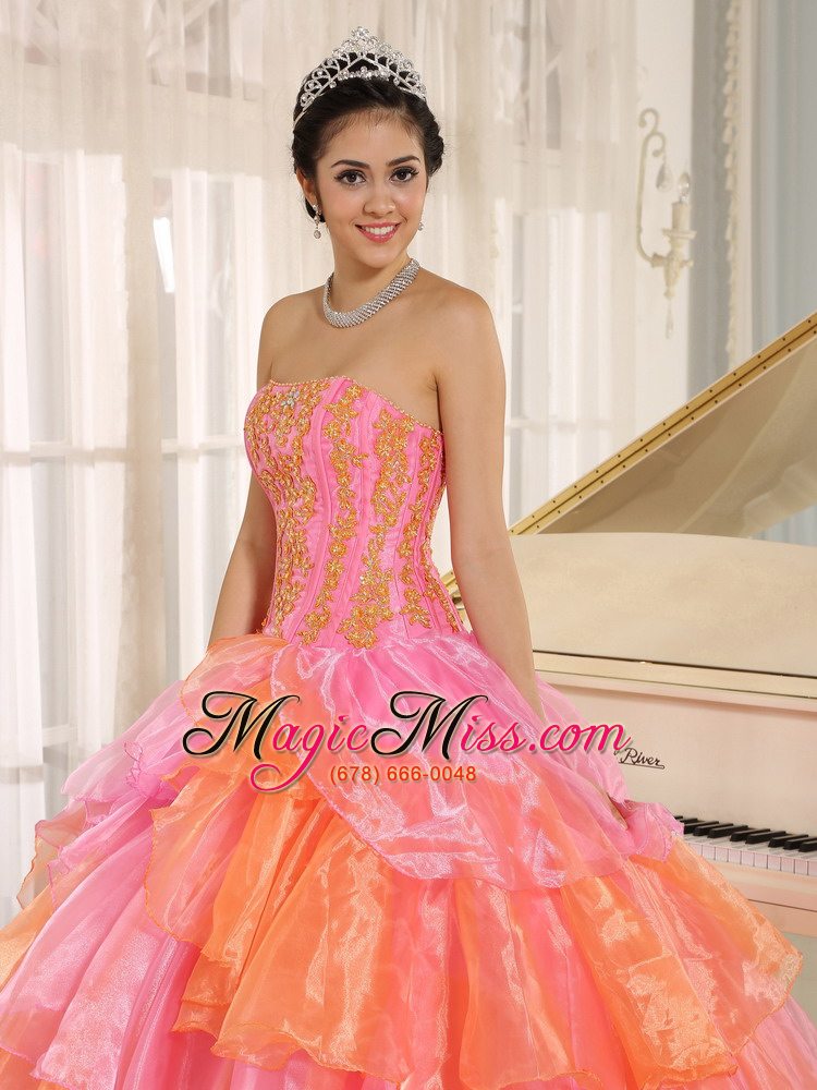 wholesale ruflfled layers and appliques decorate up bodice for rose pink and orange quinceanera dress customize aiea city hawaii