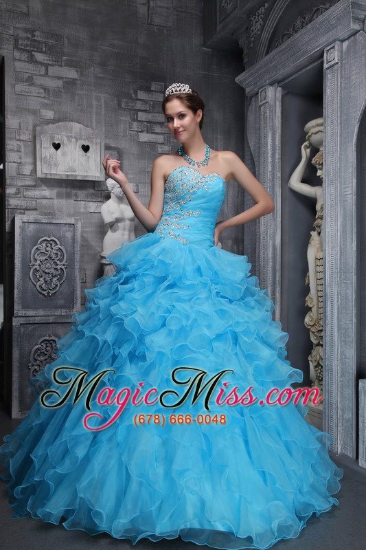 wholesale beautiful ball gown sweetheart floor-length taffeta and organza beading and appliques aqua blue quinceanera dress