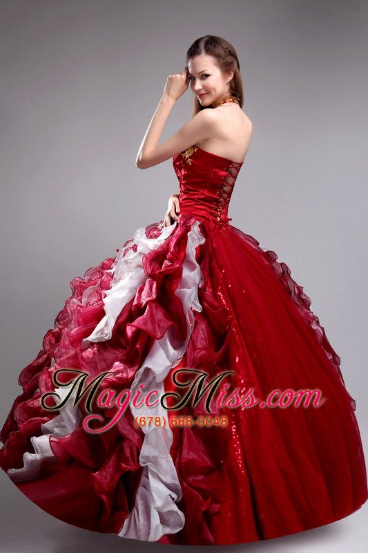 wholesale wine red ball gown halter floor-length orangza applqiues and ruffles quinceanera dress