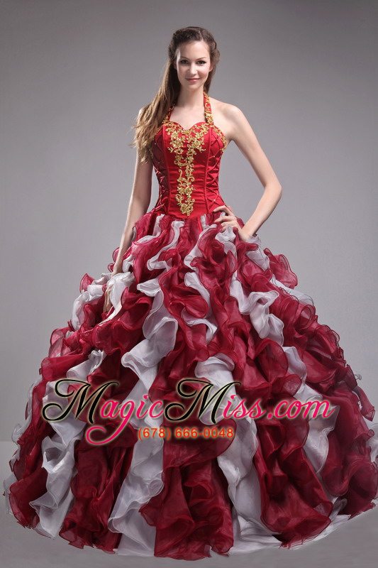 wholesale wine red ball gown halter floor-length orangza applqiues and ruffles quinceanera dress