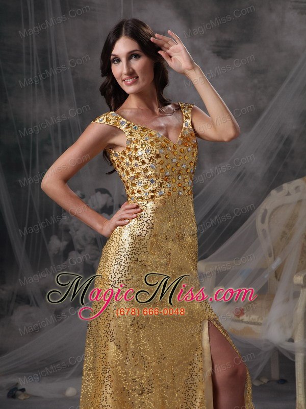 wholesale low price gold empire v-neck evening dress sequin beading and ruch floor-length
