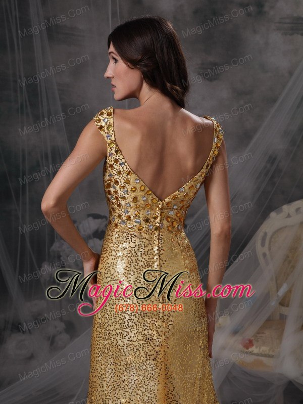 wholesale low price gold empire v-neck evening dress sequin beading and ruch floor-length
