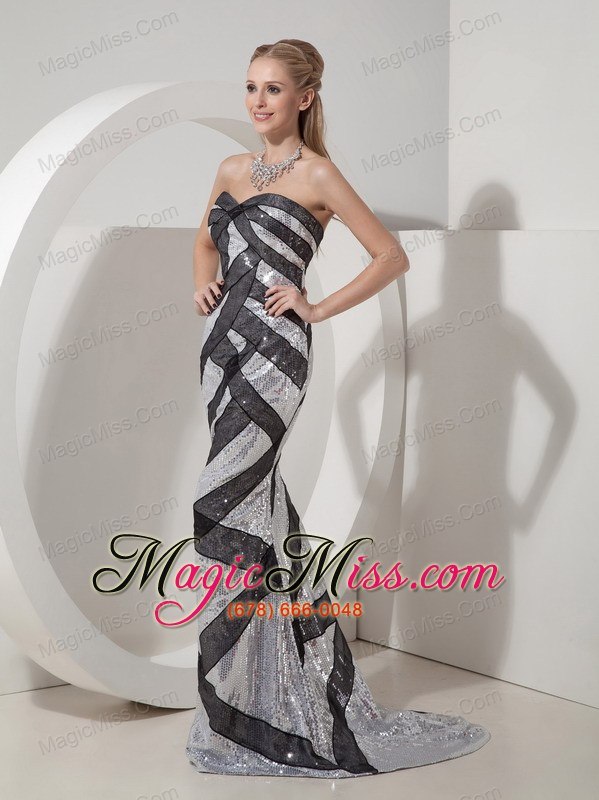 wholesale inexpensive black and silver mermaid evening dress sweetheart sequin brush train
