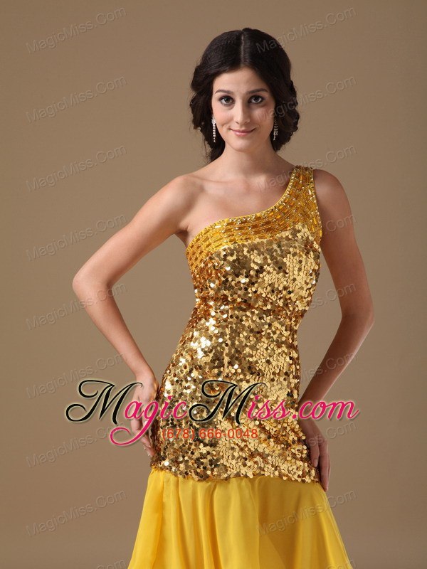wholesale gold column one shoulder knee-length sequin and chiffon beading prom dress