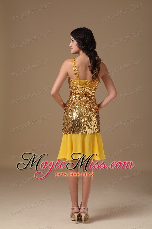 wholesale gold column one shoulder knee-length sequin and chiffon beading prom dress