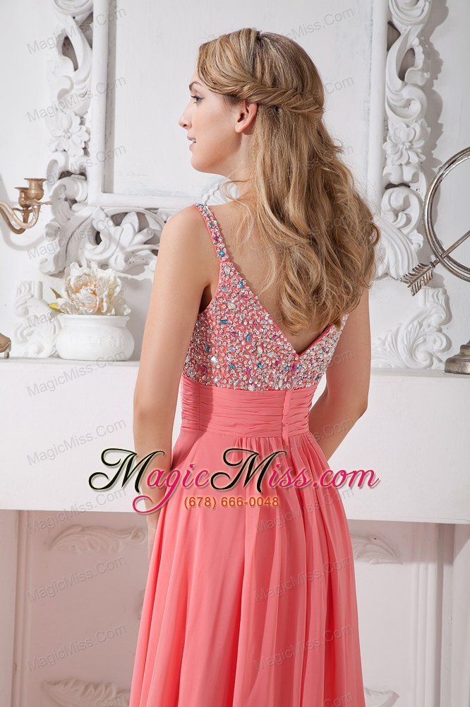 wholesale watermelon red spaghetti straps chiffon prom dress brush train homecoming gown