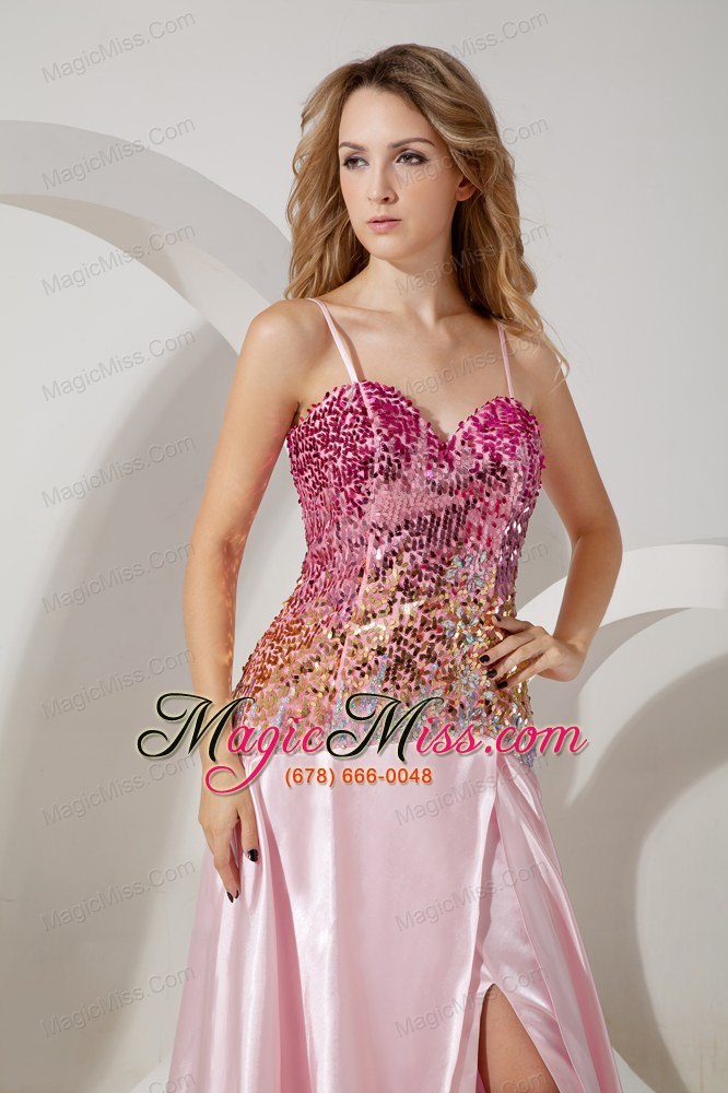wholesale baby pink empire straps prom / evening dress brush train stretch charmeuse and sequin