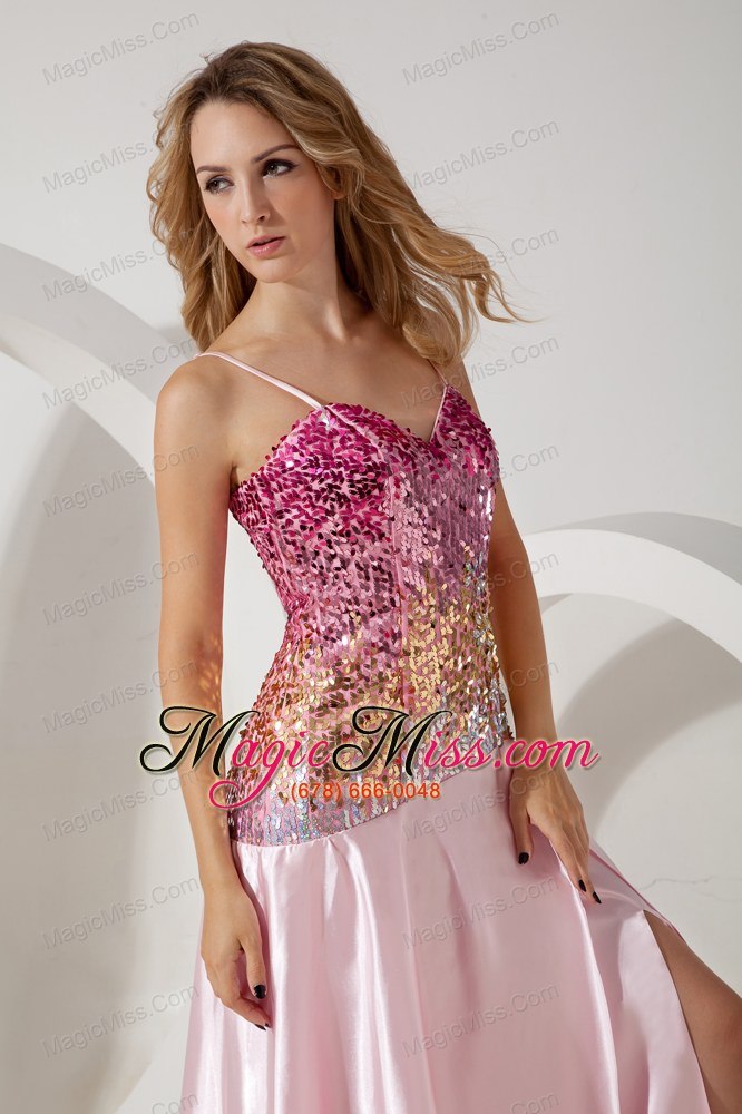wholesale baby pink empire straps prom / evening dress brush train stretch charmeuse and sequin