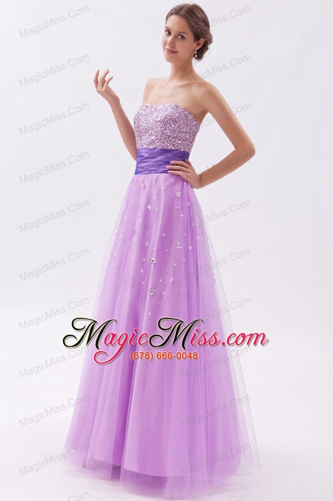 wholesale lavender a-line / princess strapless floor-length tulle beading prom dress