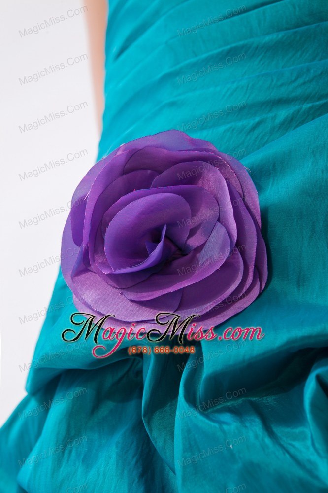wholesale turquoise and lavender a-line one shoulder high-low taffeta beading and hand made flowers prom dress