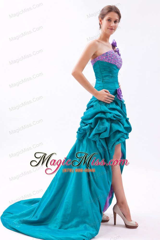 wholesale turquoise and lavender a-line one shoulder high-low taffeta beading and hand made flowers prom dress