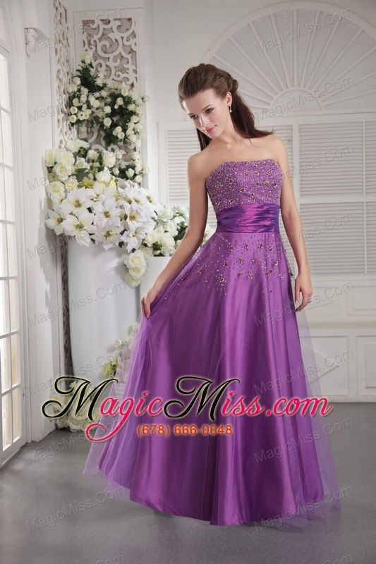 wholesale eggplant purple princess strapless floor-length tulle and taffeta beading prom / graduation dress