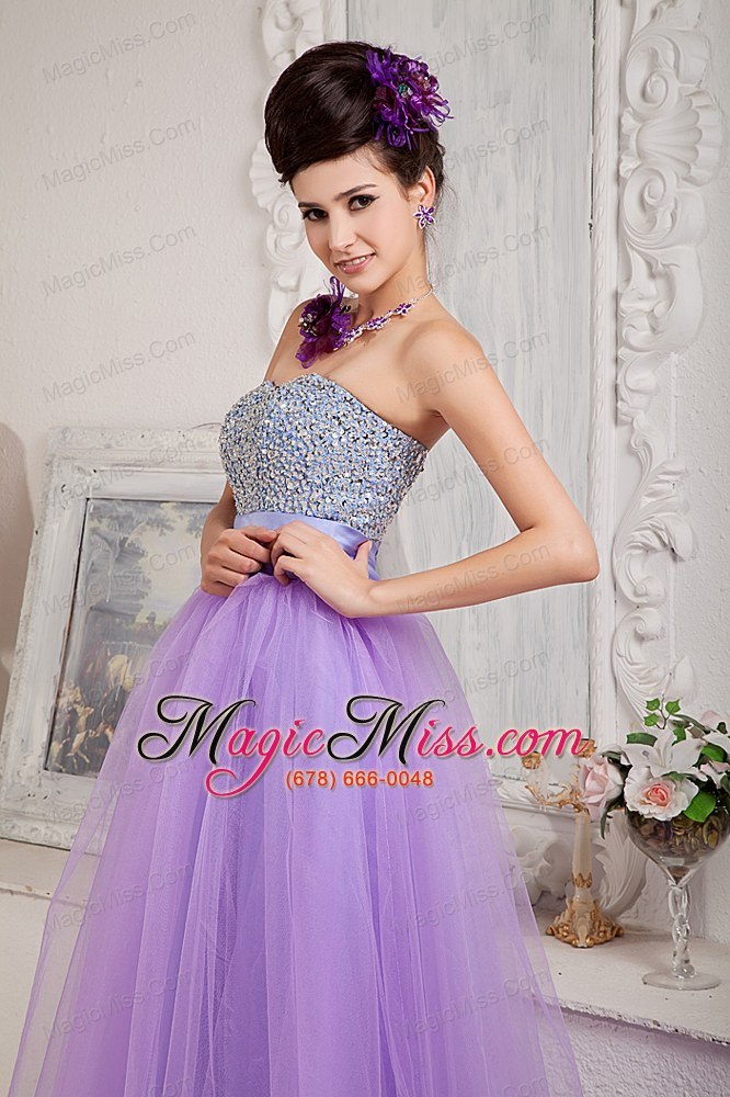 wholesale lavender a-line / princess strapless floor-length tulle beading prom dress