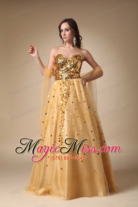 wholesale gold a-line sweetheart floor-length sequins taffeta and tulle prom dress