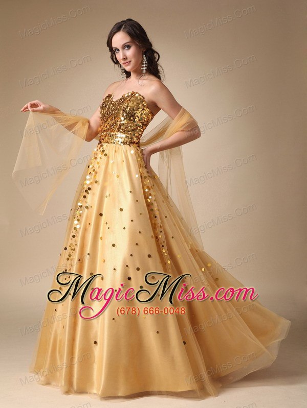 wholesale gold a-line sweetheart floor-length sequins taffeta and tulle prom dress