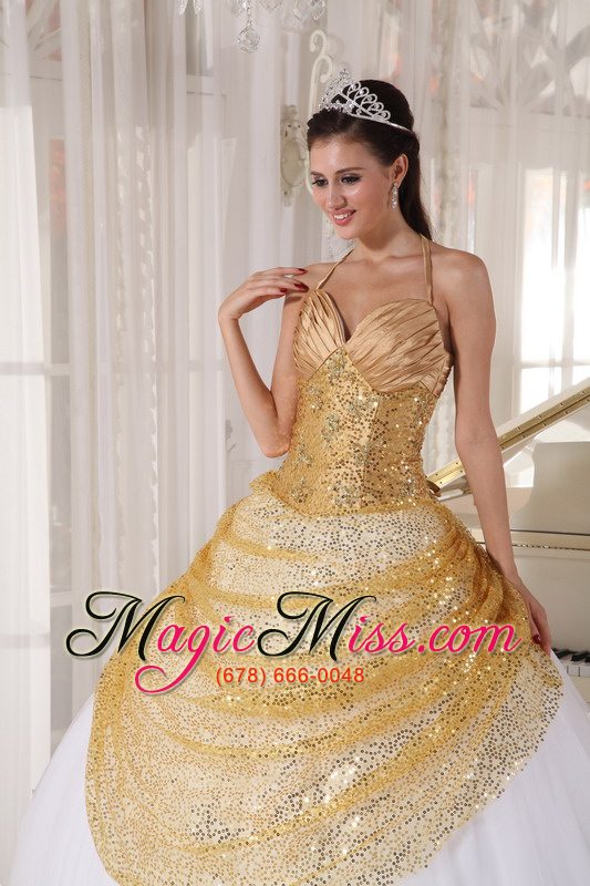 wholesale champagne and white ball gown spaghetti straps floor-length tulle and sequin appliques quinceanera dress