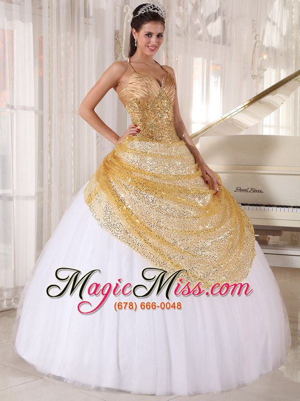 wholesale champagne and white ball gown spaghetti straps floor-length tulle and sequin appliques quinceanera dress