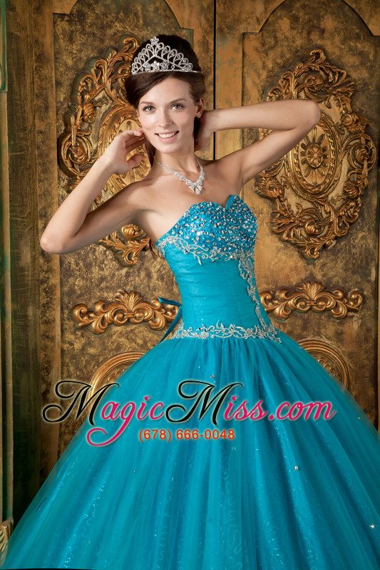 wholesale teal a-line / princess sweetheart floor-length beading tulle quinceanera dress