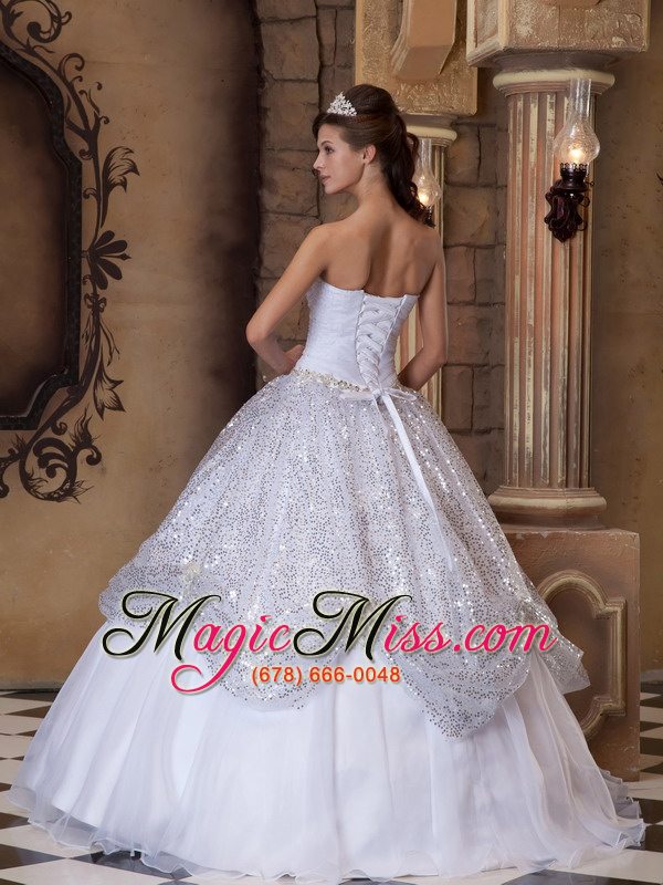 wholesale white ball gown strapless floor-length pick-ups sequins quinceanera dress