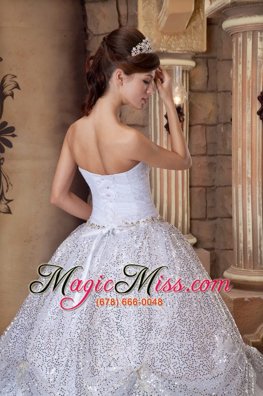wholesale white ball gown strapless floor-length pick-ups sequins quinceanera dress