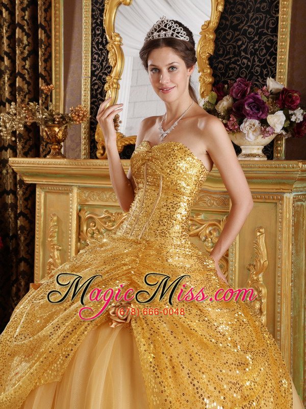 wholesale gold ball gown sweetheart floor-length sequined and tulle handle flowers quinceanera dress