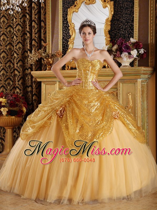 wholesale gold ball gown sweetheart floor-length sequined and tulle handle flowers quinceanera dress