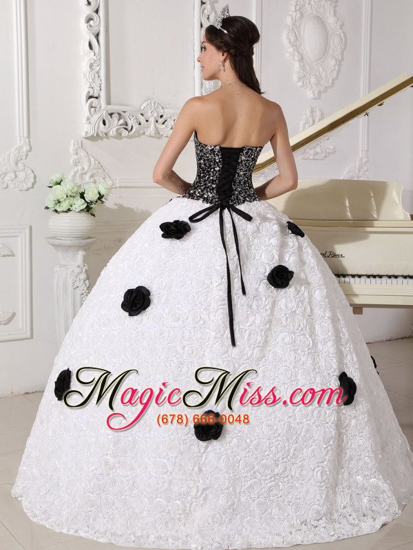 wholesale white and black ball gown strapless floor-length special fabric sequins and hand made flowers quinceanera dress
