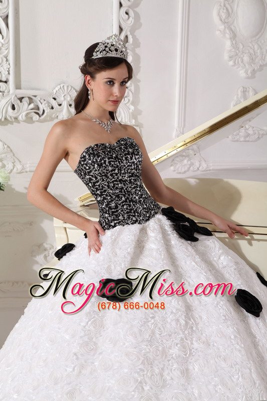 wholesale white and black ball gown strapless floor-length special fabric sequins and hand made flowers quinceanera dress