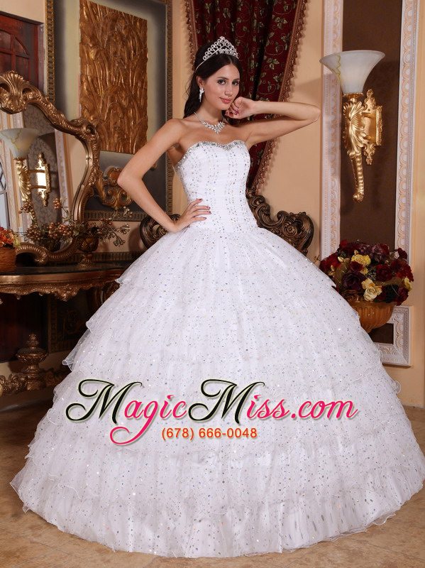 wholesale white ball gown strapless floor-length taffeta and tulle beading quinceanera dress