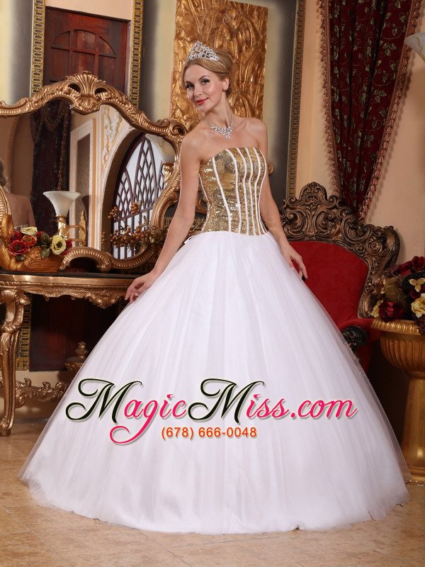 wholesale white ball gown strapless floor-length tulle squins quinceanera dress