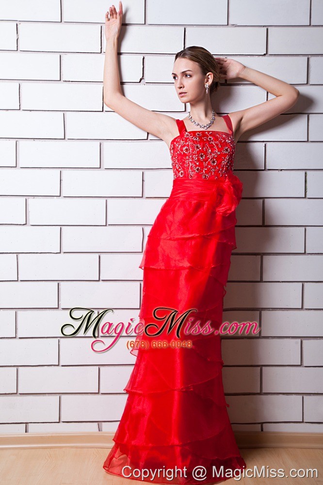 wholesale red column straps floor-length organza beading prom dress