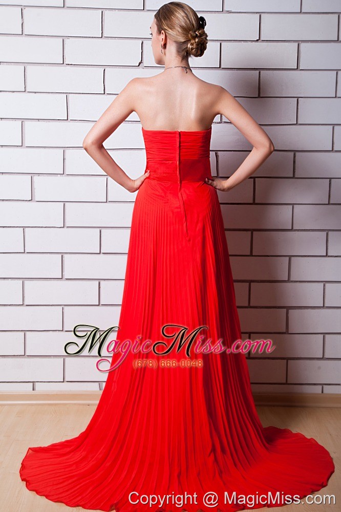 wholesale red column strapless brush train chiffon pleat prom dress