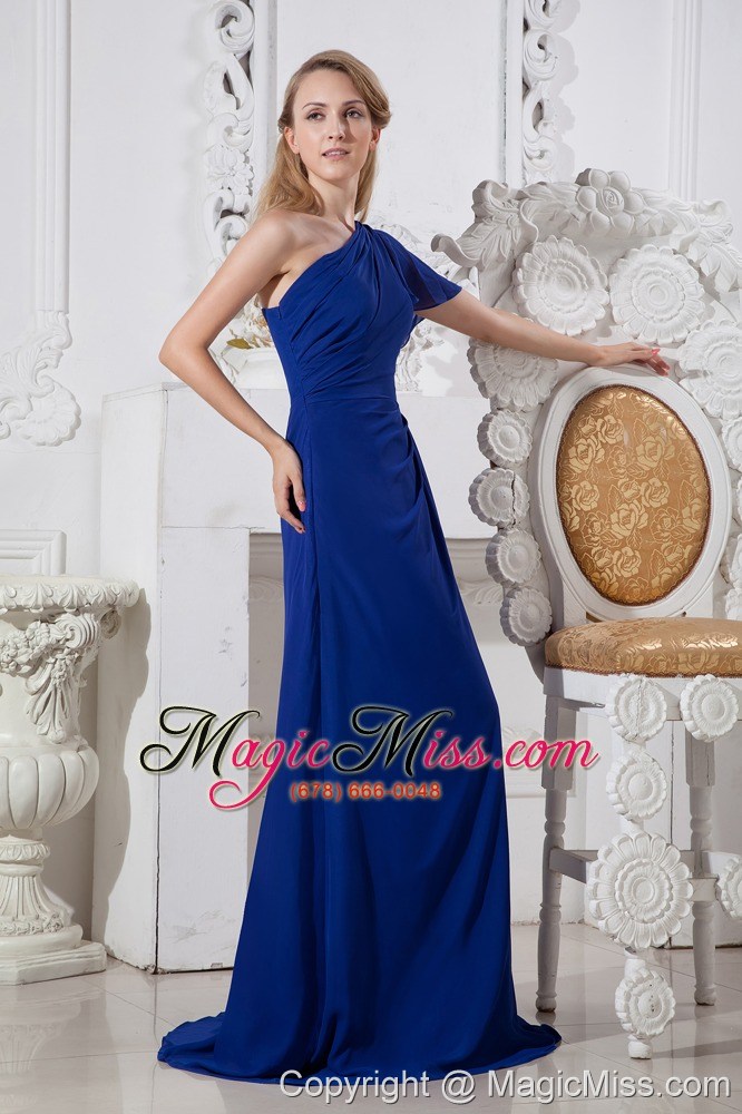 wholesale blue a-line one shoulder brush train chiffon prom / evening dress
