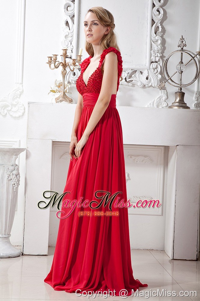 wholesale red a-line v-neck brush train chiffon beading prom dress
