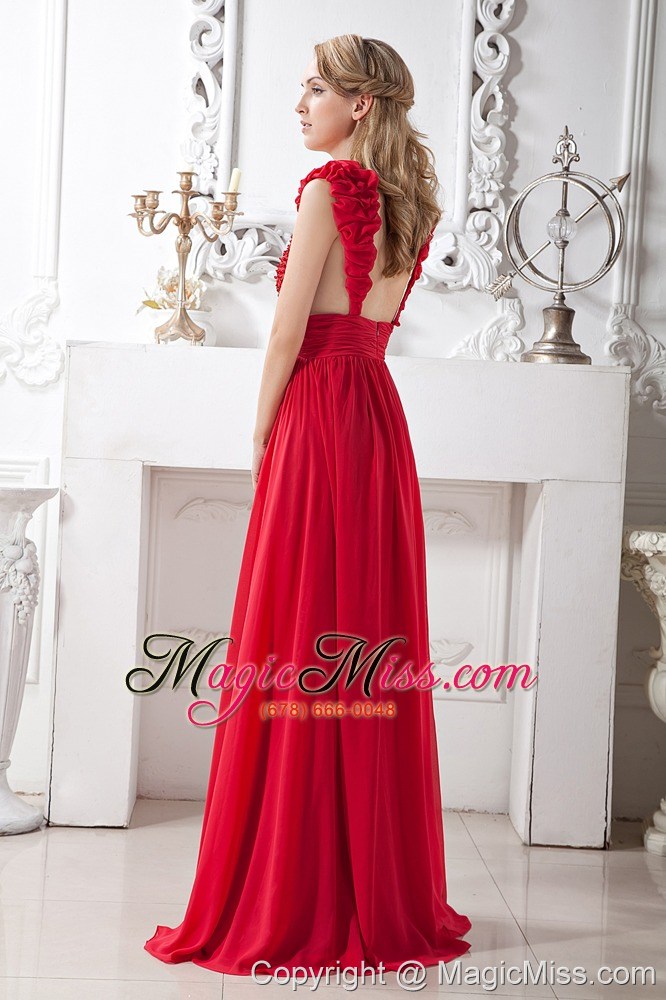 wholesale red a-line v-neck brush train chiffon beading prom dress