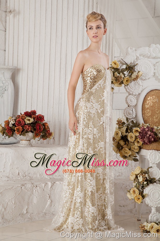 wholesale champagne column sweetheart brush train sequin lace and appliques prom dress