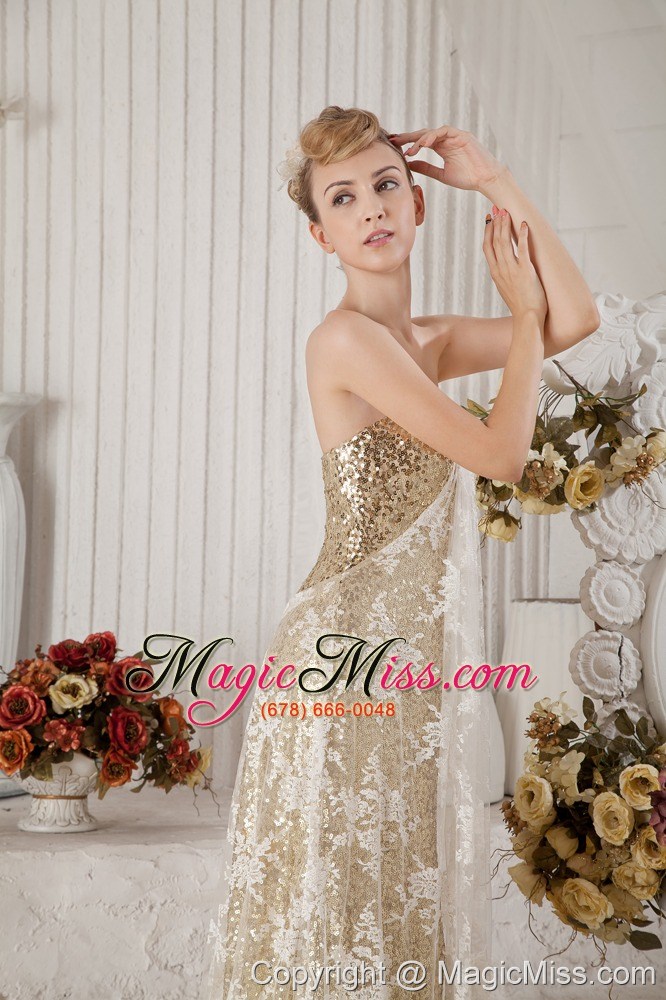 wholesale champagne column sweetheart brush train sequin lace and appliques prom dress