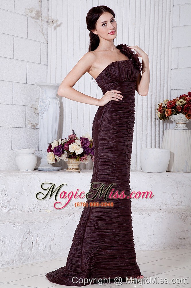 wholesale burgundy mermaid one shoulder brush train special fabric hand made flowers prom / evening dress