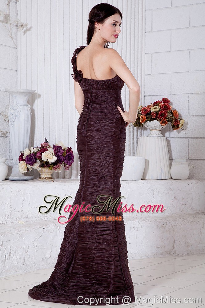 wholesale burgundy mermaid one shoulder brush train special fabric hand made flowers prom / evening dress