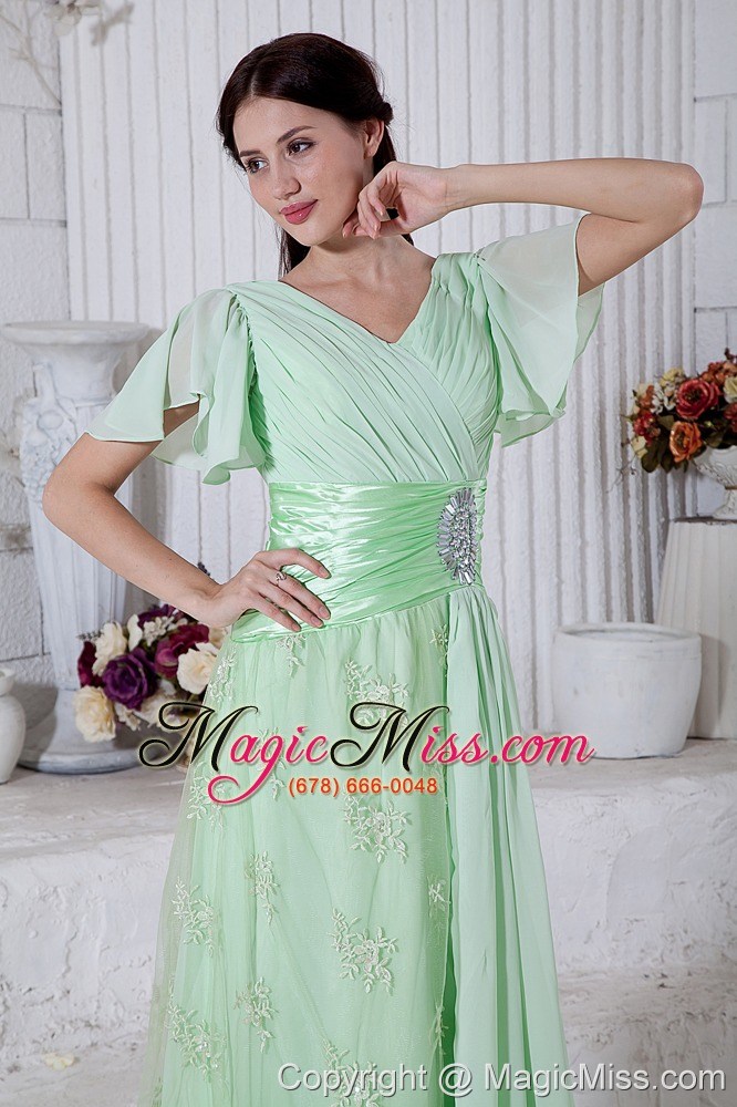 wholesale apple green empire v-neck brush train chiffon beading prom / evening dress