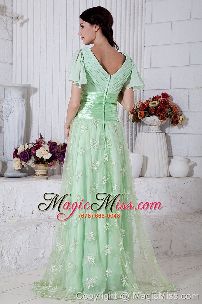 wholesale apple green empire v-neck brush train chiffon beading prom / evening dress