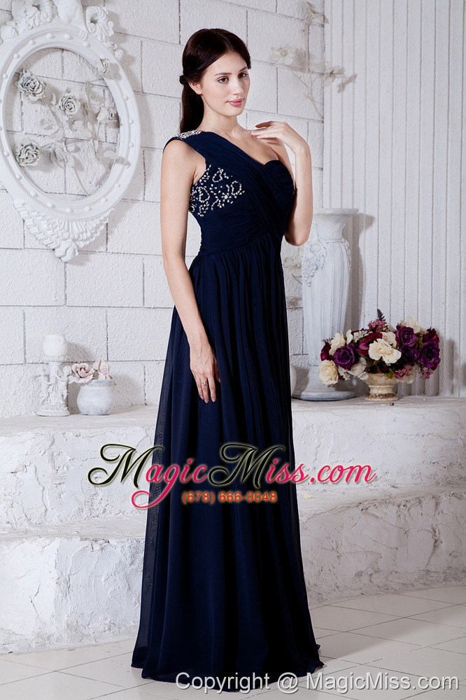 wholesale navy blue empire one shoulder brush train chiffon beading prom / evening dress