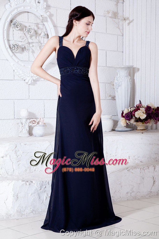 wholesale navy blue empire straps brush train chiffon beading prom / evening dress