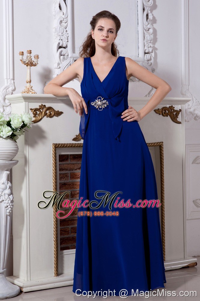 wholesale royal blue empire v-neck floor-length chiffon beading prom dress