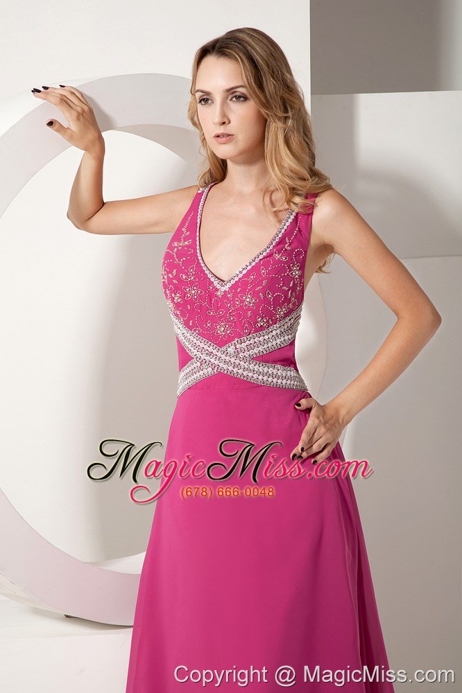 wholesale hot pink a-line v-neck floor-length chiffon appliques with beading prom dress