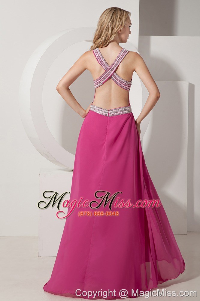 wholesale hot pink a-line v-neck floor-length chiffon appliques with beading prom dress